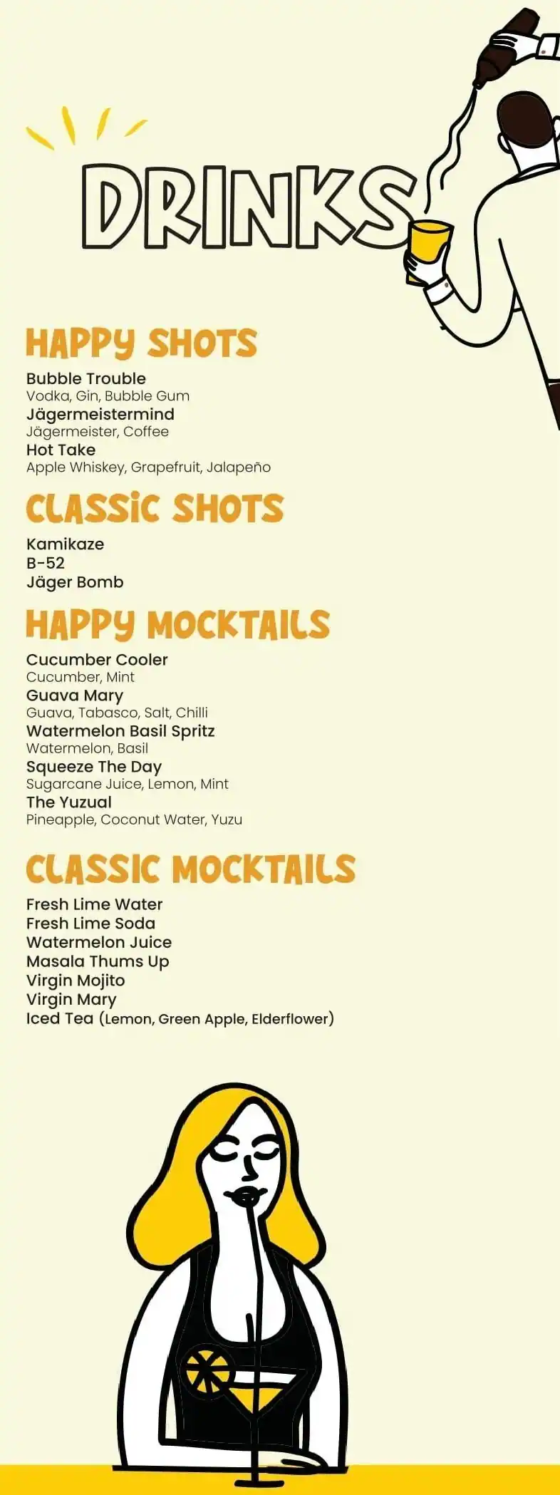 Page of The Happy Yard menu card: Drinks: Happy Shots, Classic Shots, Mocktails.