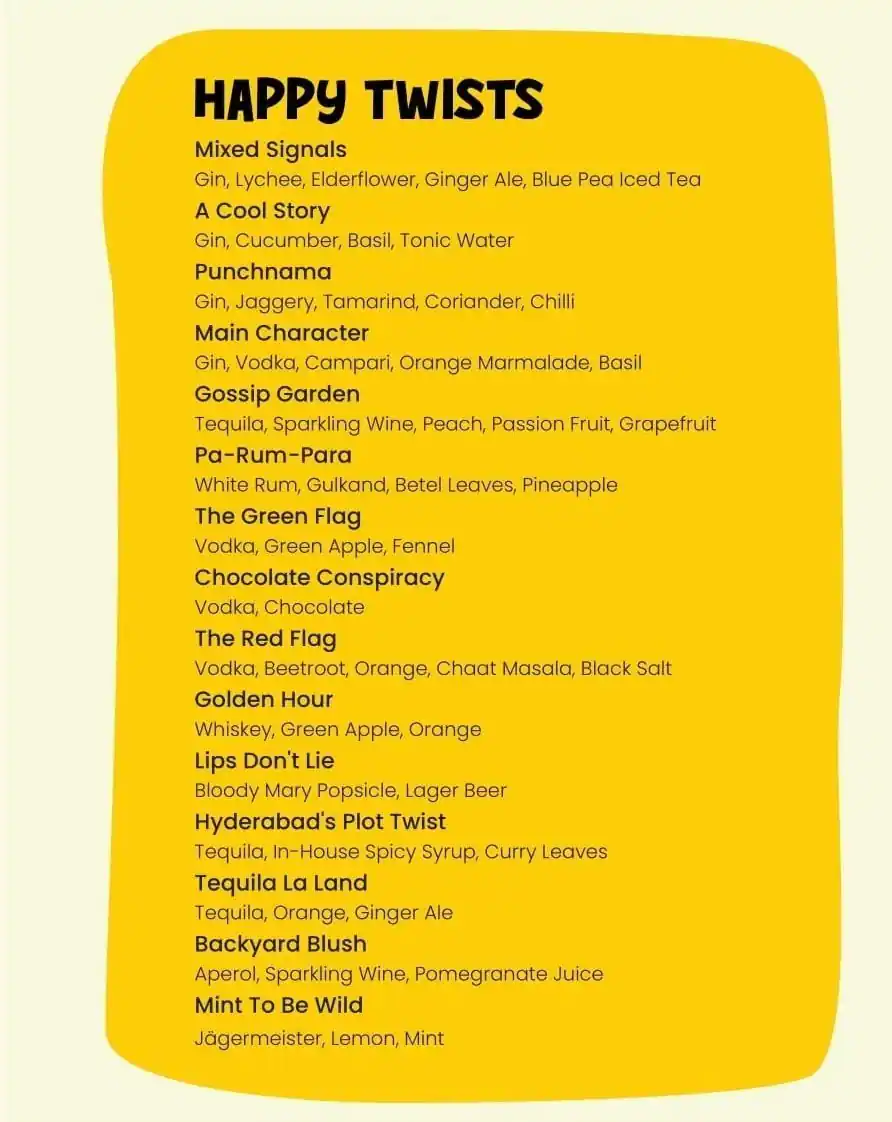 Page of The Happy Yard menu card: Happy Twists — the fifteen house cocktails.