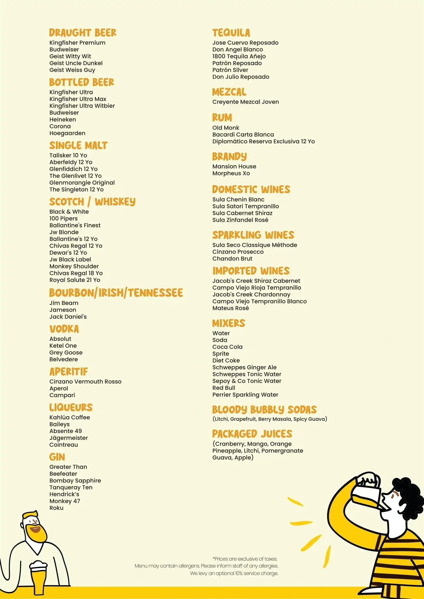 Page of The Happy Yard menu card: The full bar list.