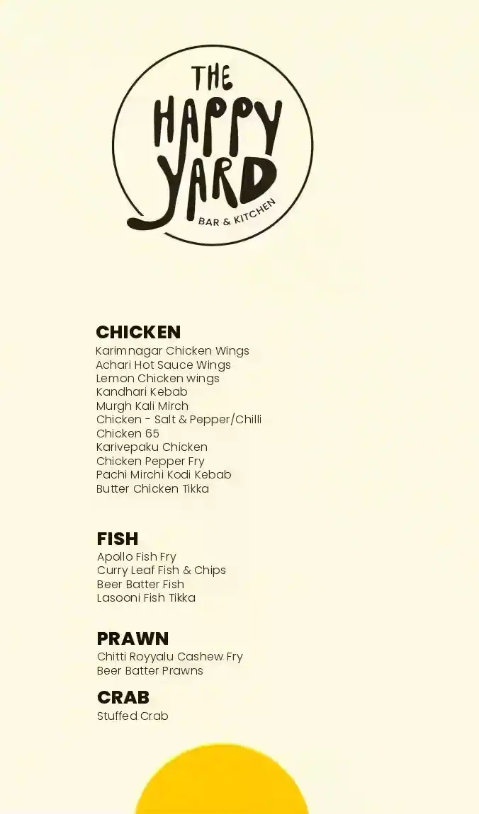 Page of The Happy Yard menu card: The cover: the hand-lettered logo, and the chicken, fish, prawn and crab list.