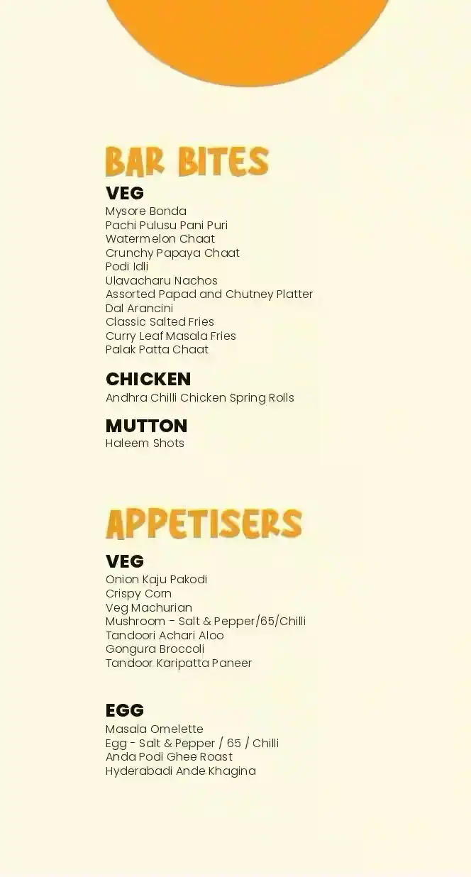 Page of The Happy Yard menu card: Bar Bites and Appetisers.