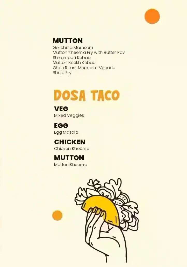 Page of The Happy Yard menu card: Mutton, and the Dosa Taco page.