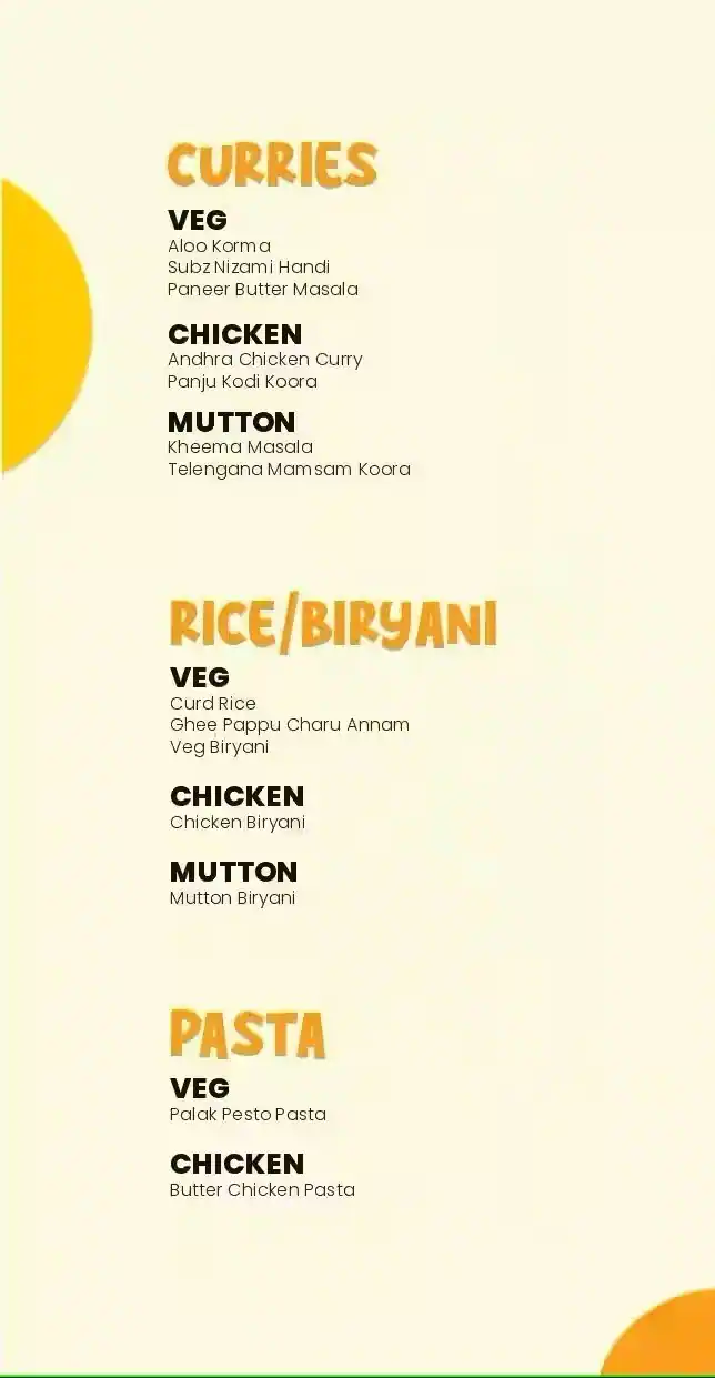 Page of The Happy Yard menu card: Curries, Rice & Biryani, Pasta.