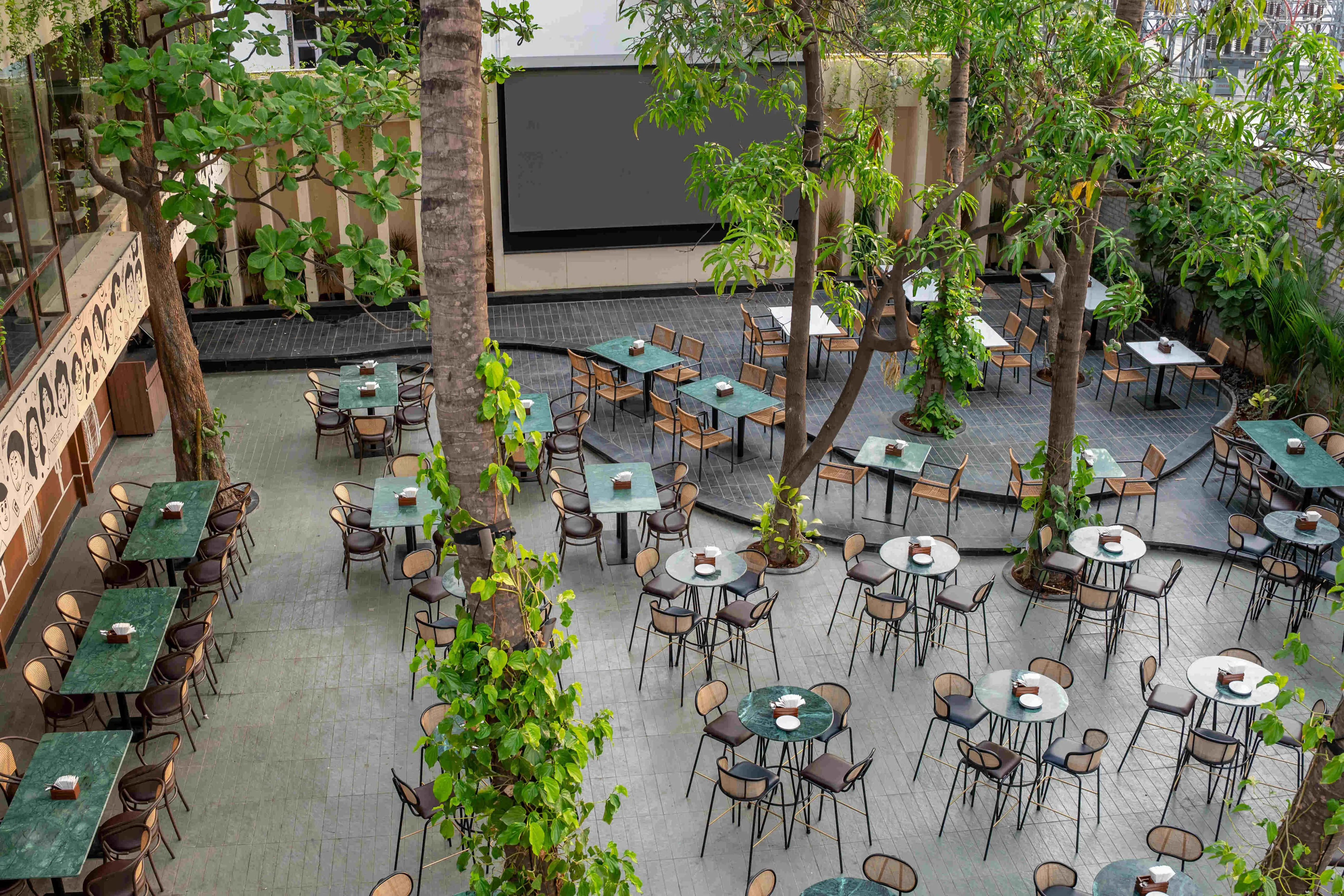 The yard from directly above, tables laid out around the trees.